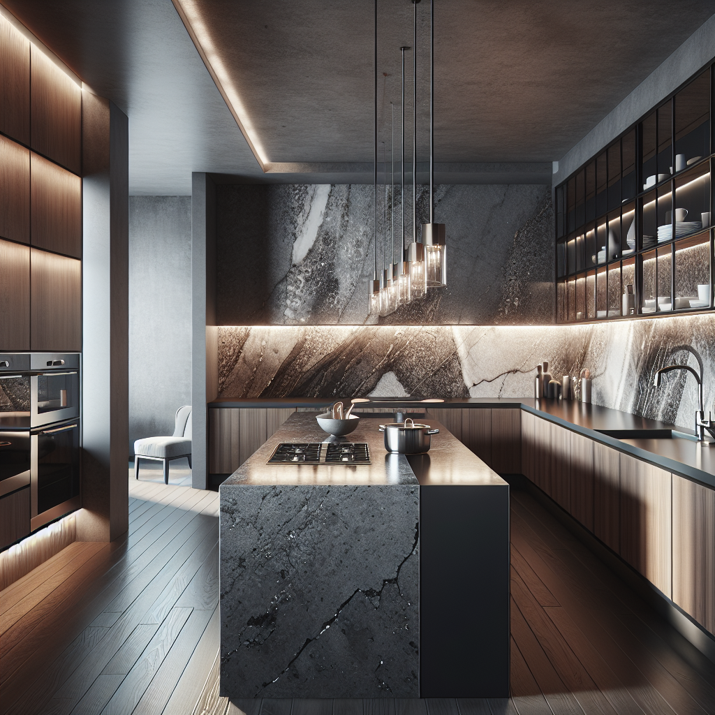 Stylish kitchen with Dekton and Vulcan surfaces showcasing modern design.