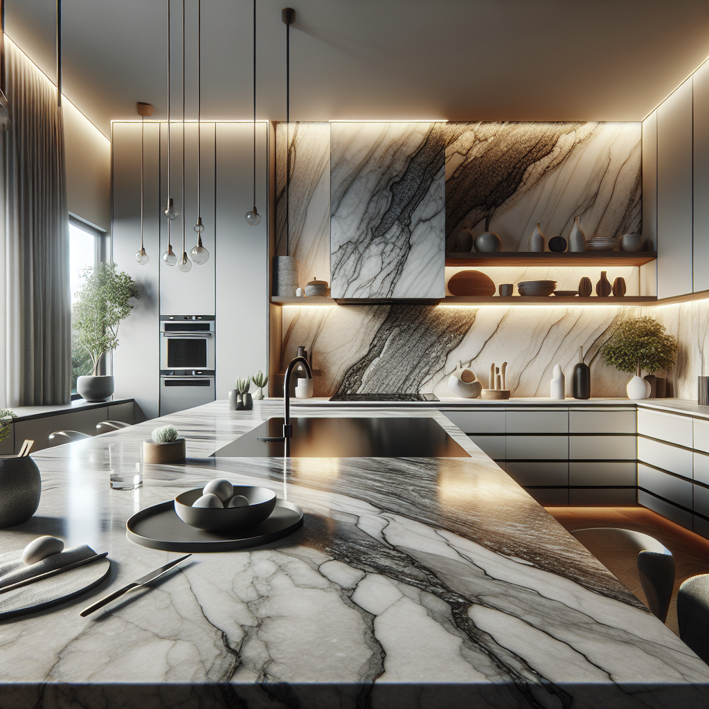 A stylish kitchen showcasing Dekton and Vulcan surface materials.