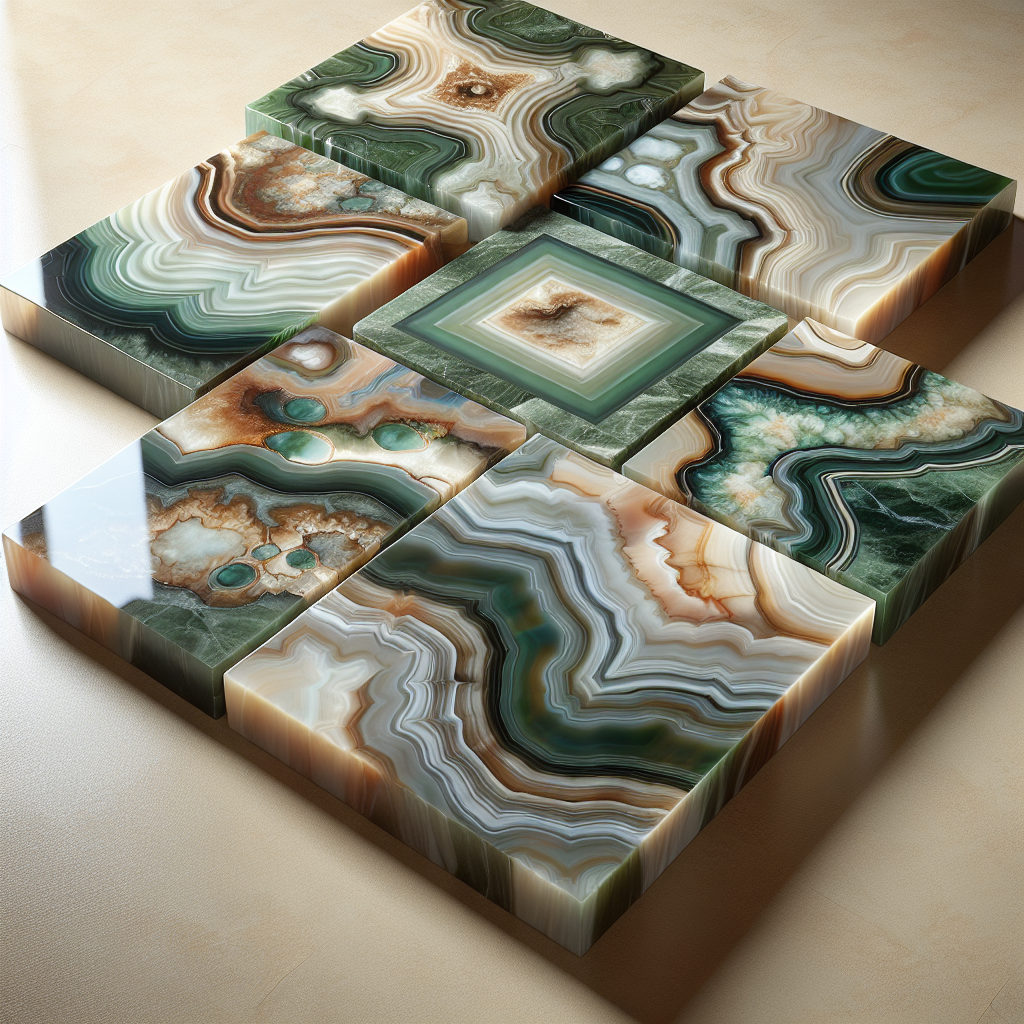 A variety of onyx tiles showing unique patterns and colors.