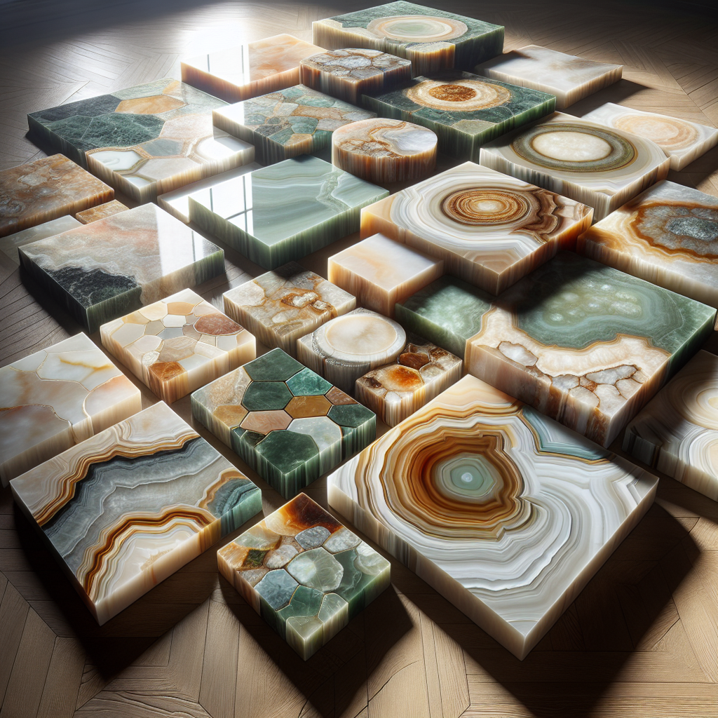 A collection of onyx tiles showcasing unique patterns and colors.