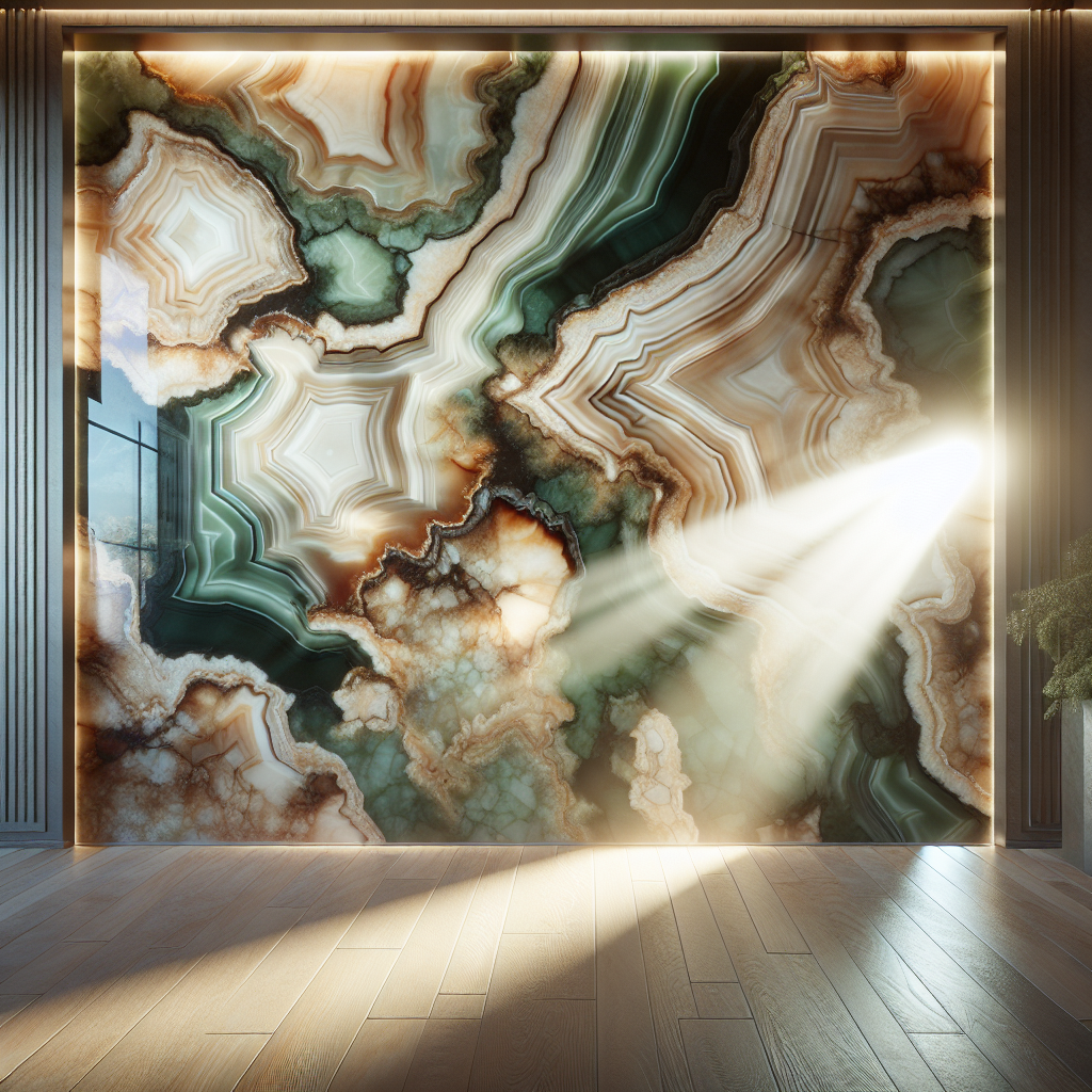 A realistic arrangement of onyx tiles with translucent qualities and intricate patterns.