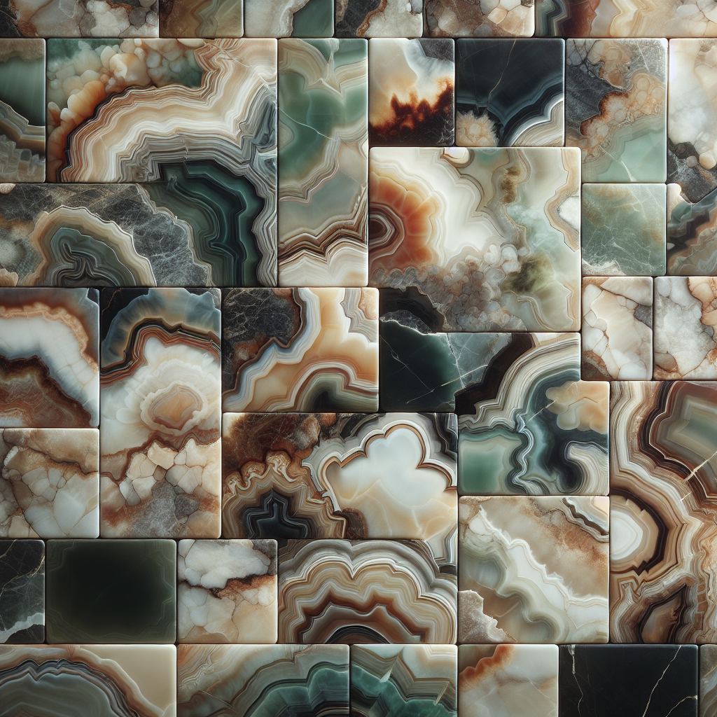 A display of polished onyx tiles showcasing their unique colors and patterns.