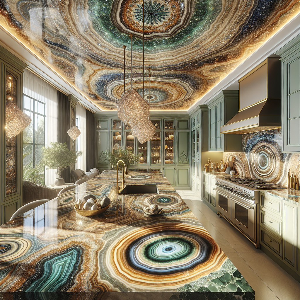 A luxurious kitchen with stunning gemstone countertops in vibrant colors.