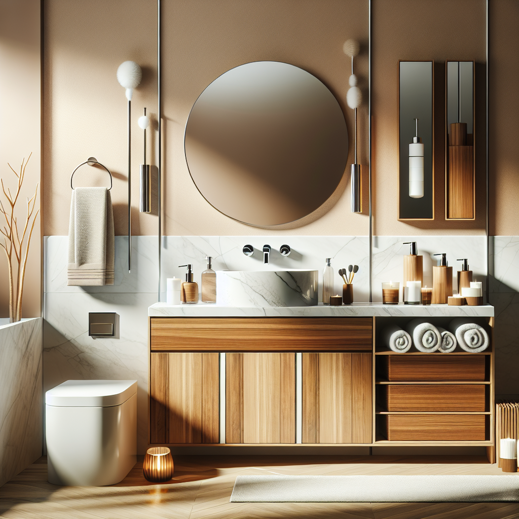 A stylish bathroom featuring H&M bathroom products including a modern vanity, faucet, and storage solutions.