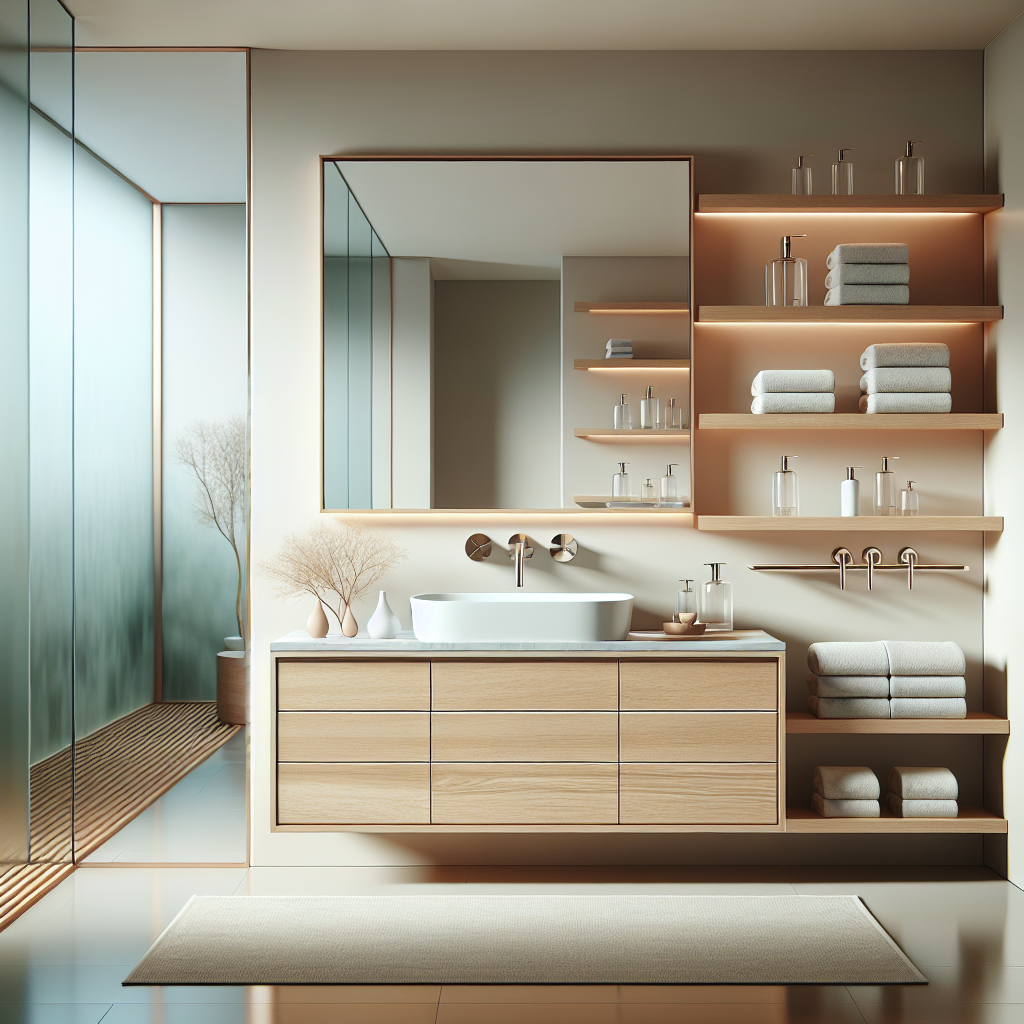 A modern bathroom with H&M products including a wooden vanity, chrome faucets, and open shelving.
