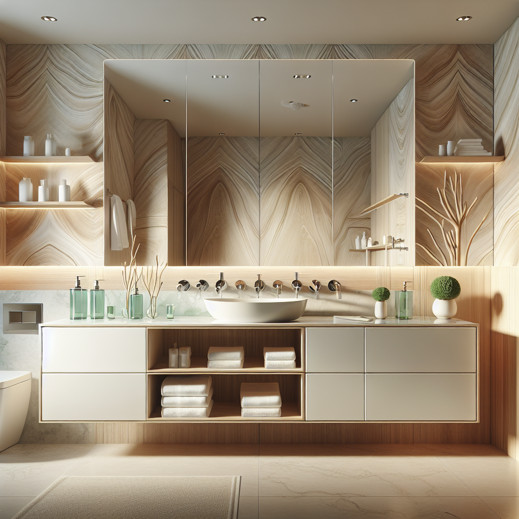 A modern H&M bathroom featuring a sleek vanity, chrome faucets, and eco-friendly storage solutions.