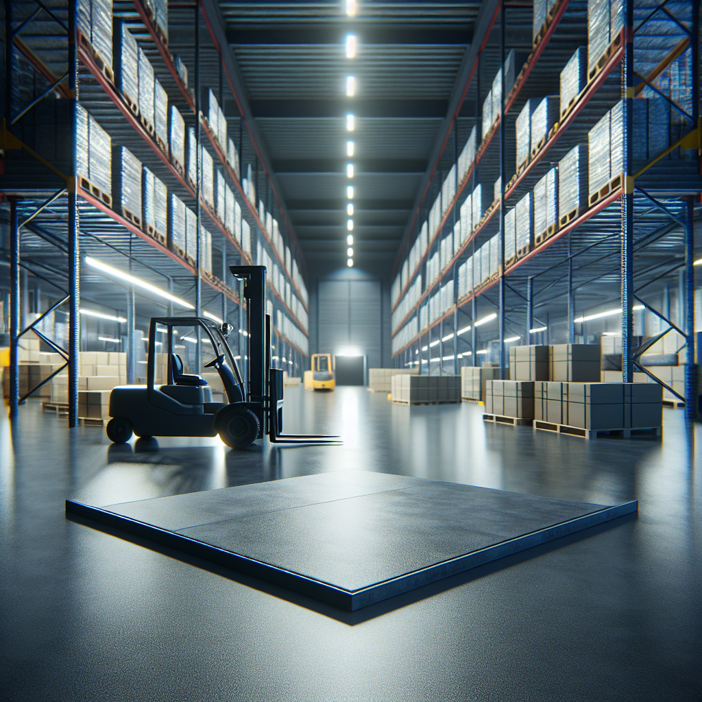 A modern industrial flooring scene showcasing seamless gray Nitoflor SL 1000 TDS application in a warehouse.