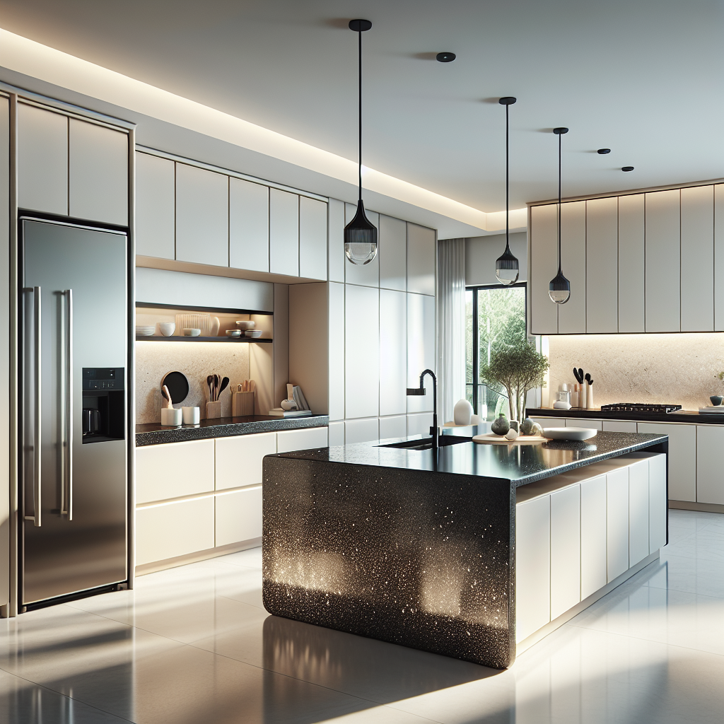 A modern kitchen with Florim Stone and quartz countertops.