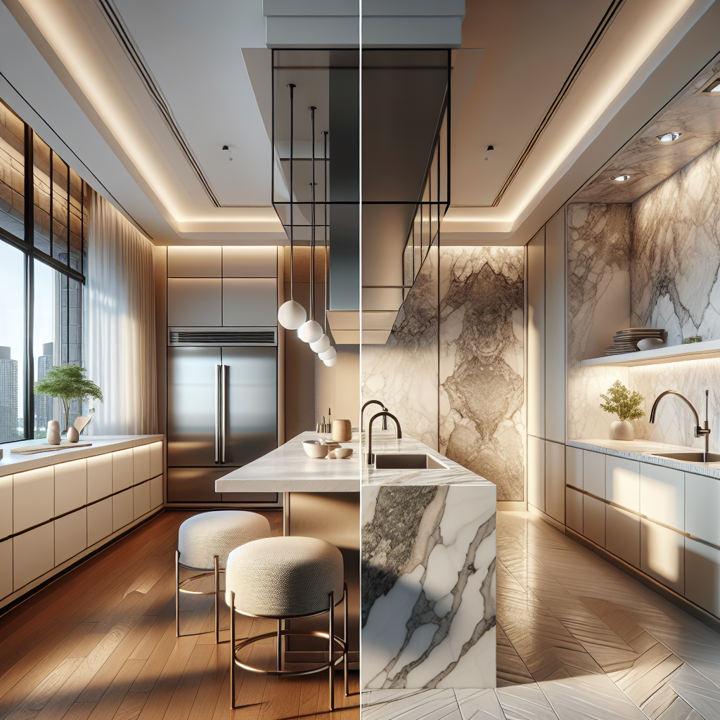 A luxurious kitchen and bathroom showcasing Florim Stone and quartz surfaces.