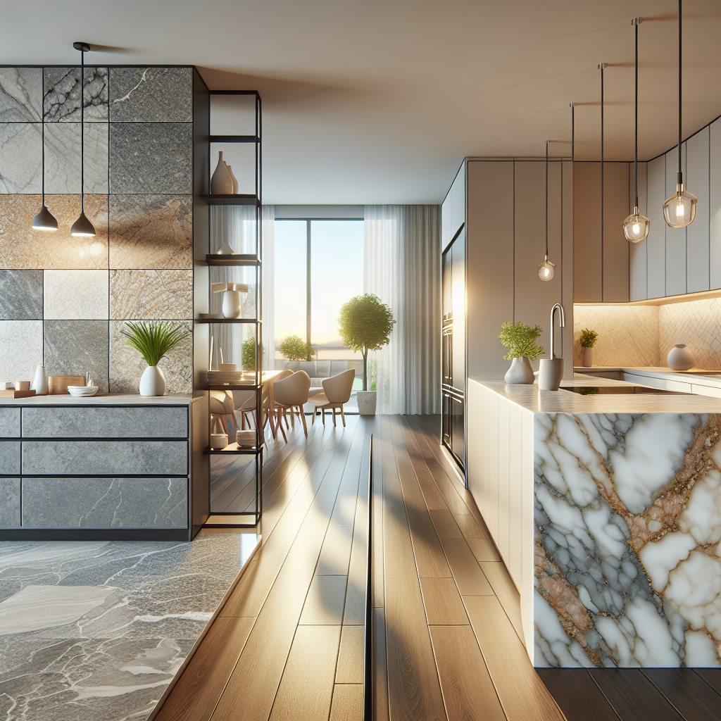 A side-by-side comparison of Florim Stone and quartz in a modern kitchen.