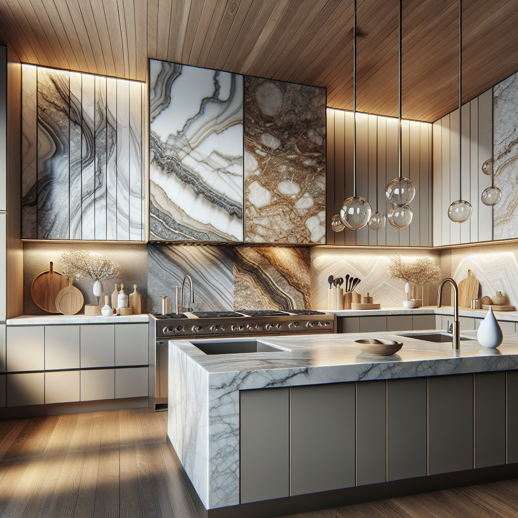 A modern kitchen counter displaying different types of countertops: granite, marble, quartz, and porcelain.