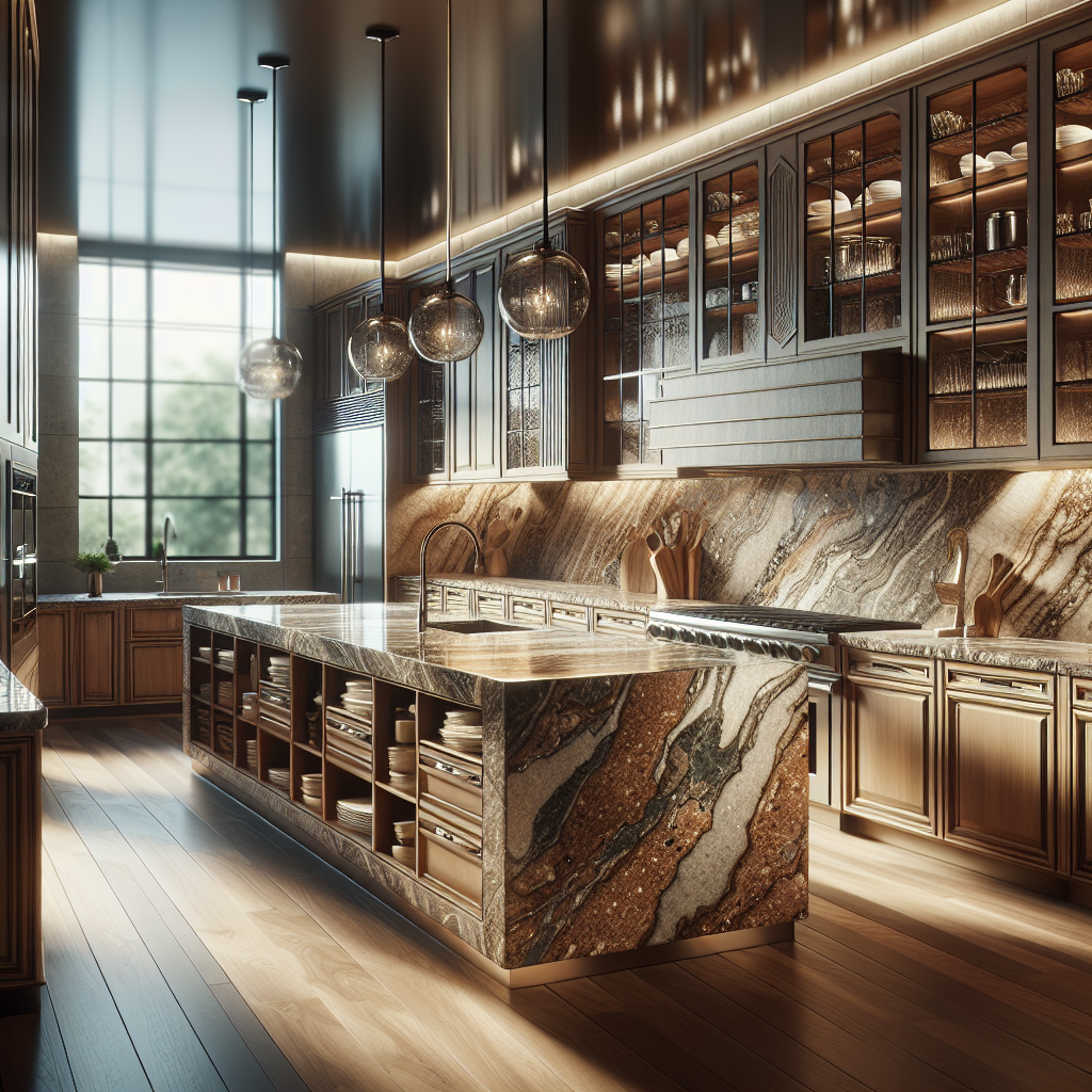 A modern kitchen showcasing various types of countertops.