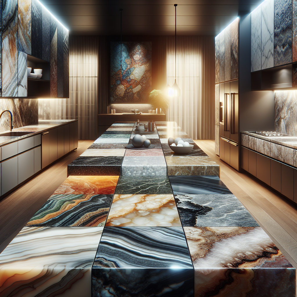 A modern kitchen showcasing various types of countertops.