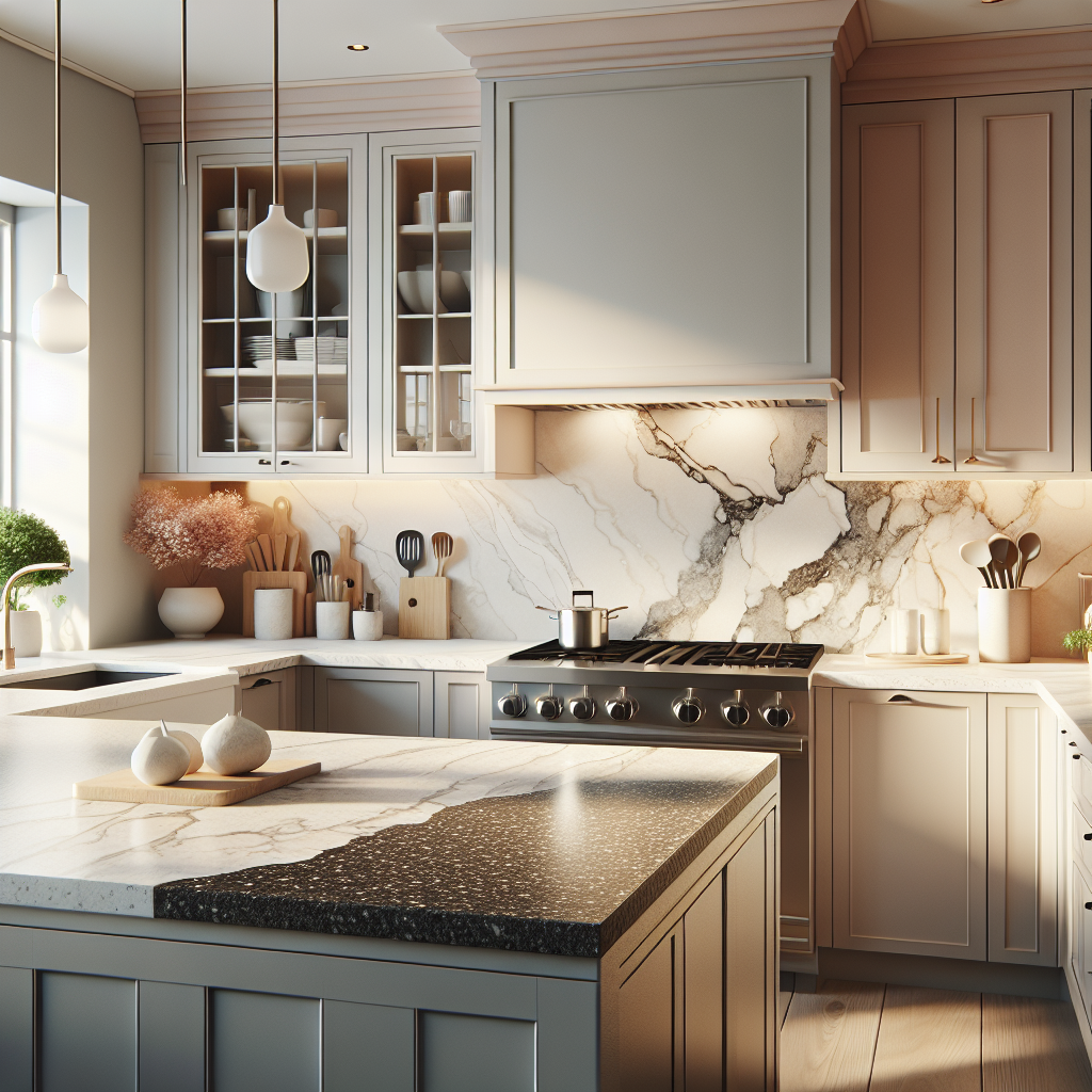 A modern kitchen displaying various countertop materials including granite, quartz, and marble.