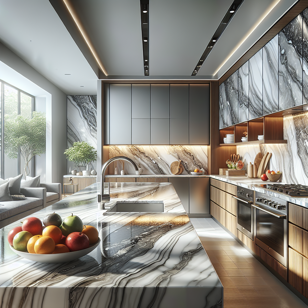 A modern kitchen with glossy porcelain countertops.