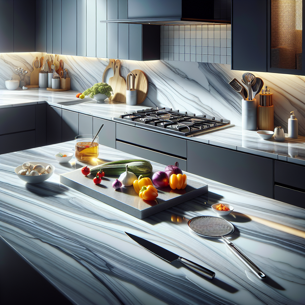 A realistic depiction of a modern kitchen with porcelain countertops featuring colorful kitchen items.