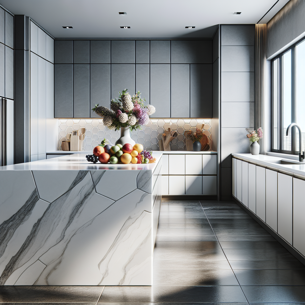 A modern kitchen with elegant porcelain countertops.