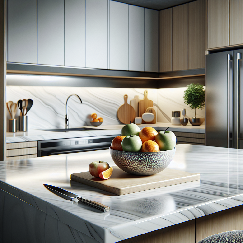 A modern kitchen with porcelain countertops, fruit bowl, and wooden cabinets.