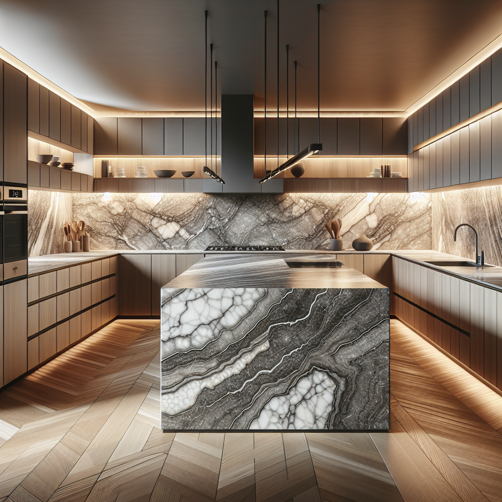A modern kitchen with elegant Florim Stone countertops and minimalist cabinetry.