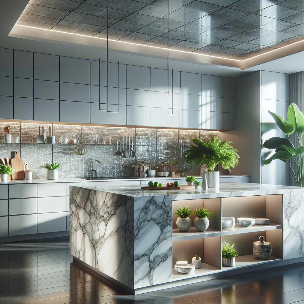 A modern kitchen with a sleek light gray Florim Stone countertop and white cabinets.