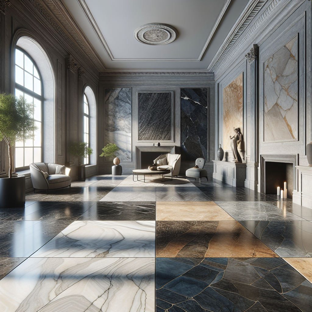 An interior space showcasing various types of stone flooring: marble, granite, slate, and travertine.