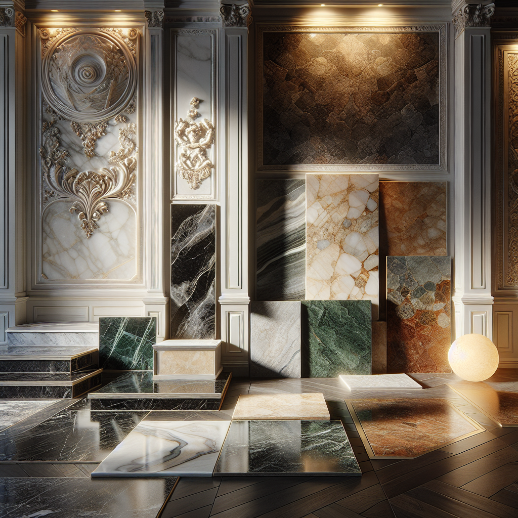 Different types of stone flooring in a stylish interior setting.