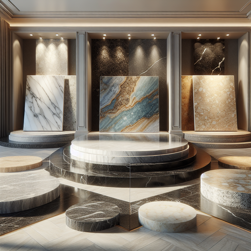 A display of luxurious natural stone flooring featuring marble, granite, slate, and travertine.