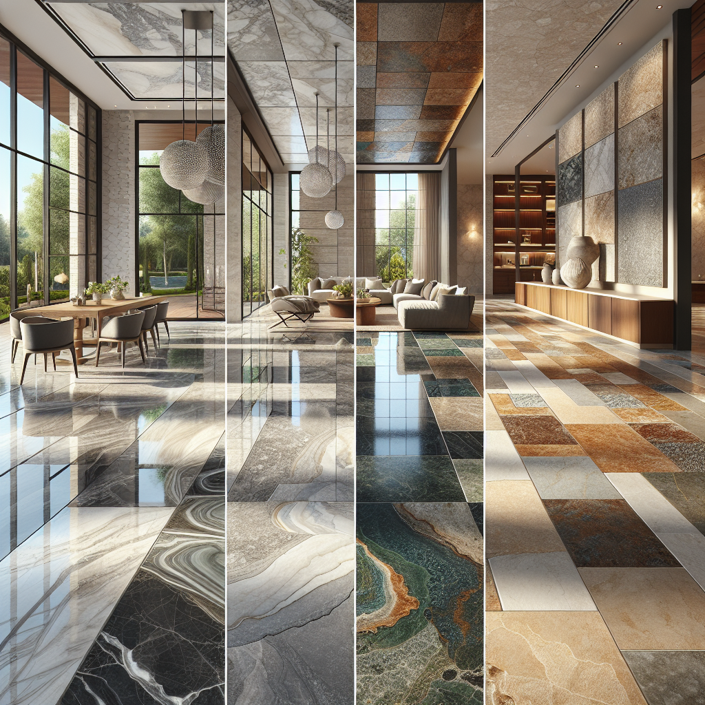 An interior showcasing various types of stone flooring including marble, granite, slate, and travertine.