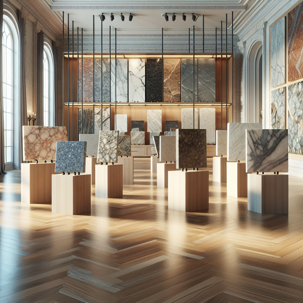 A luxurious showroom featuring a variety of natural stone slabs.