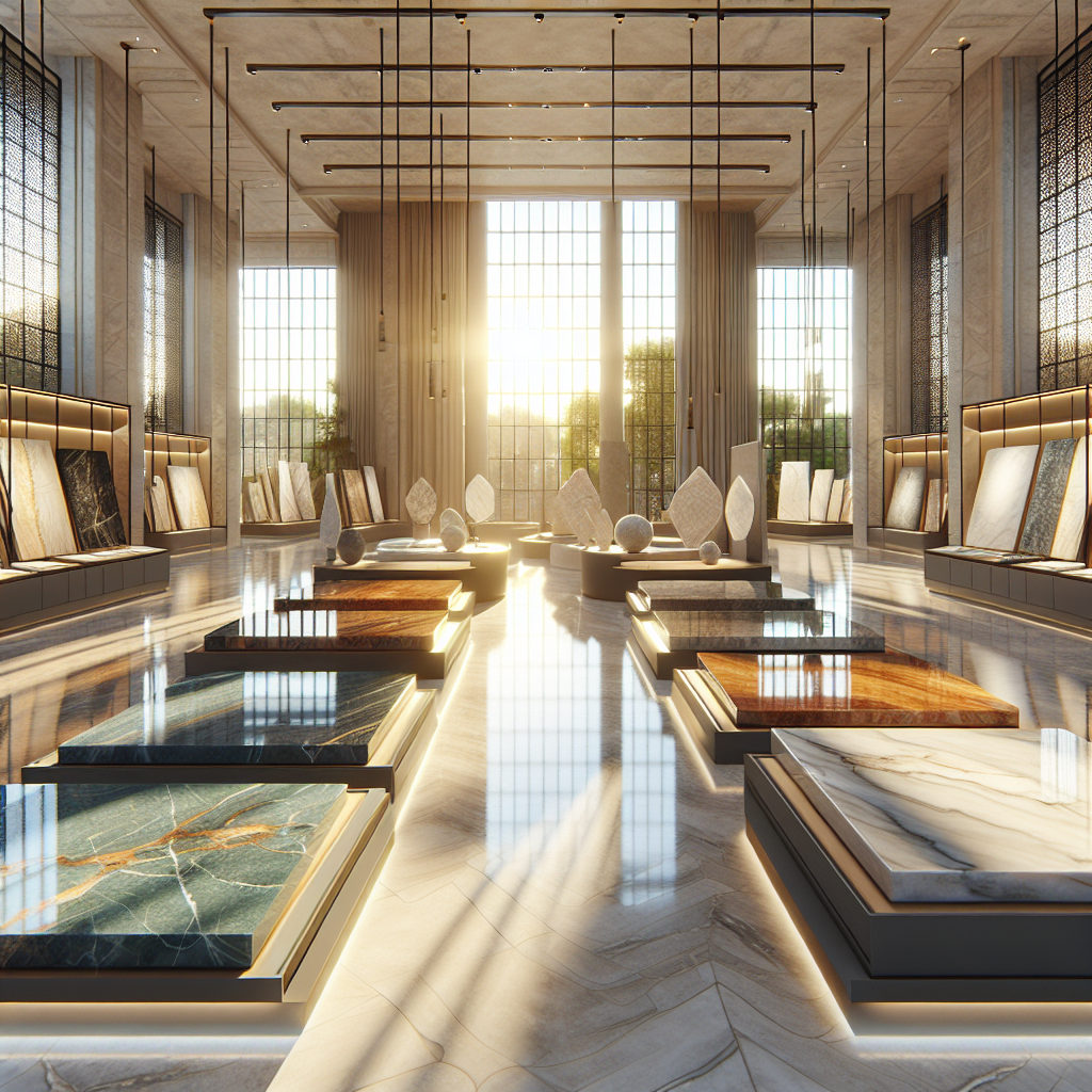 Showroom displaying various natural stone slabs including marble and granite.