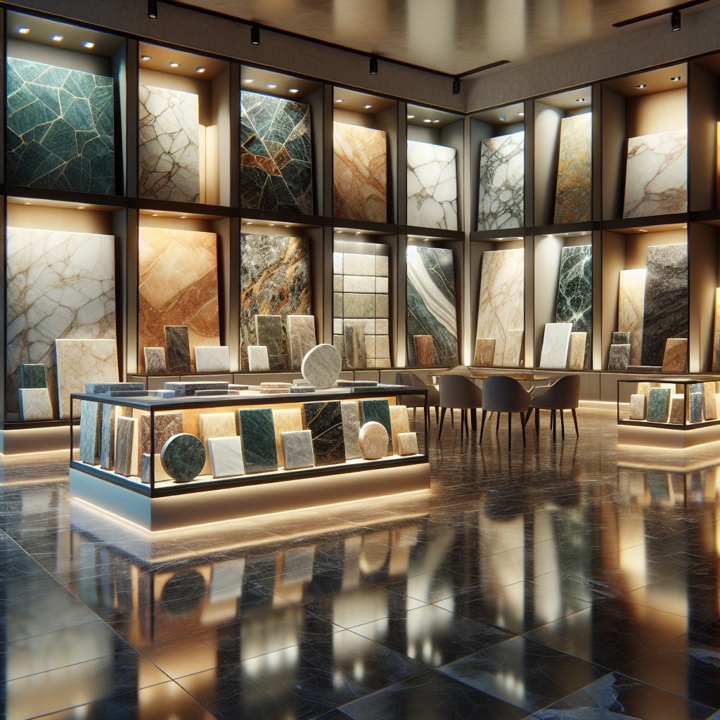 A luxurious showroom featuring a variety of natural stone products arranged elegantly.