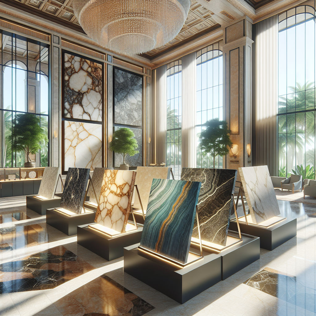 Luxurious natural stone slabs displayed in a elegant lobby.