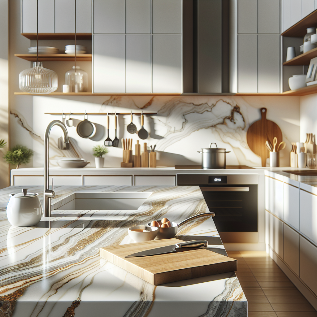 A modern kitchen countertop made from Dekton with kitchen tools on it.
