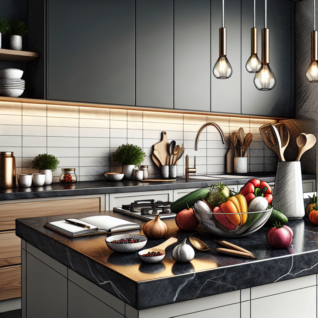 A modern kitchen with Dekton surfaces showing a dark gray countertop and vibrant kitchen accessories.