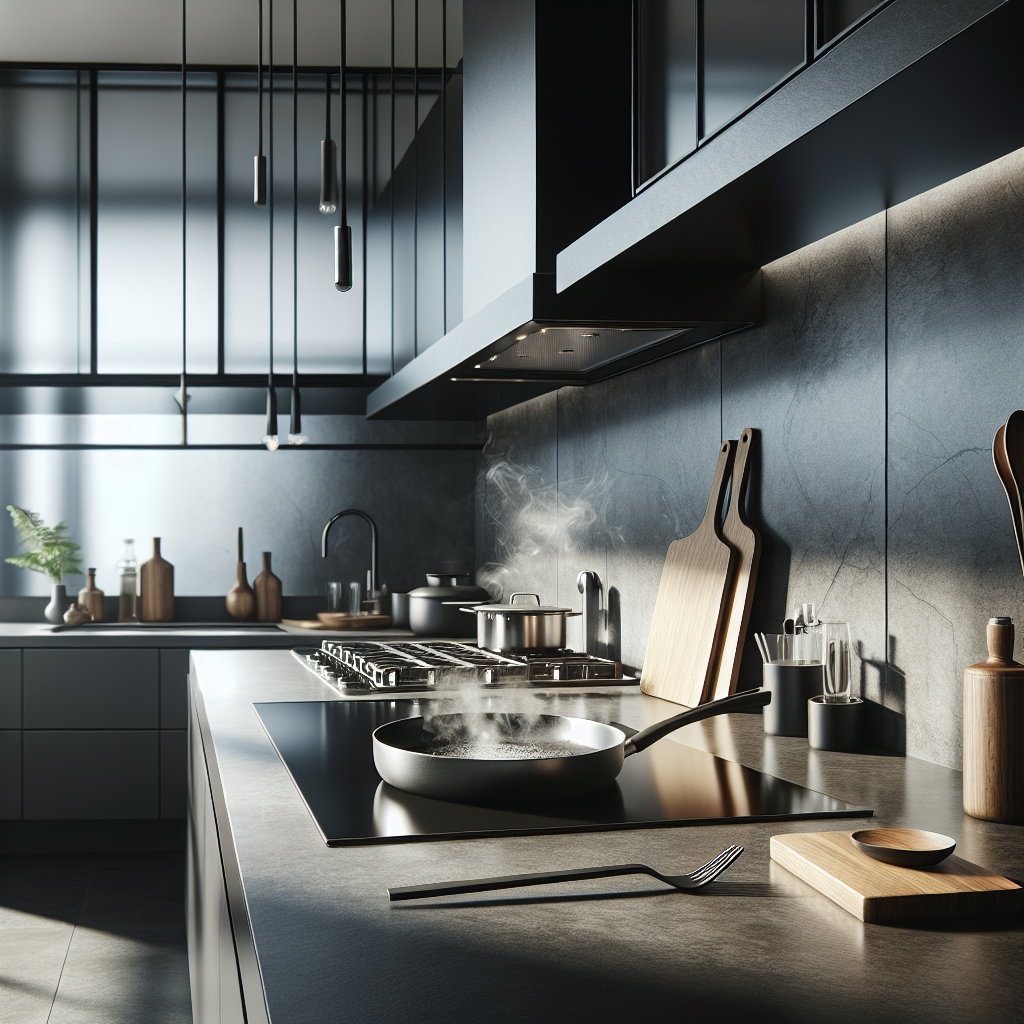 A modern kitchen with a Dekton countertop and kitchen tools.