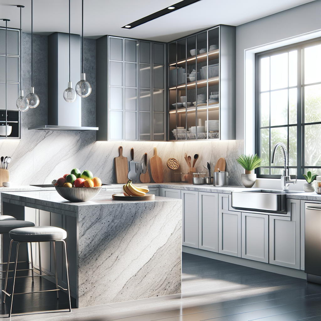 A modern kitchen with Dekton surfaces, bright lighting, and colorful fruits.