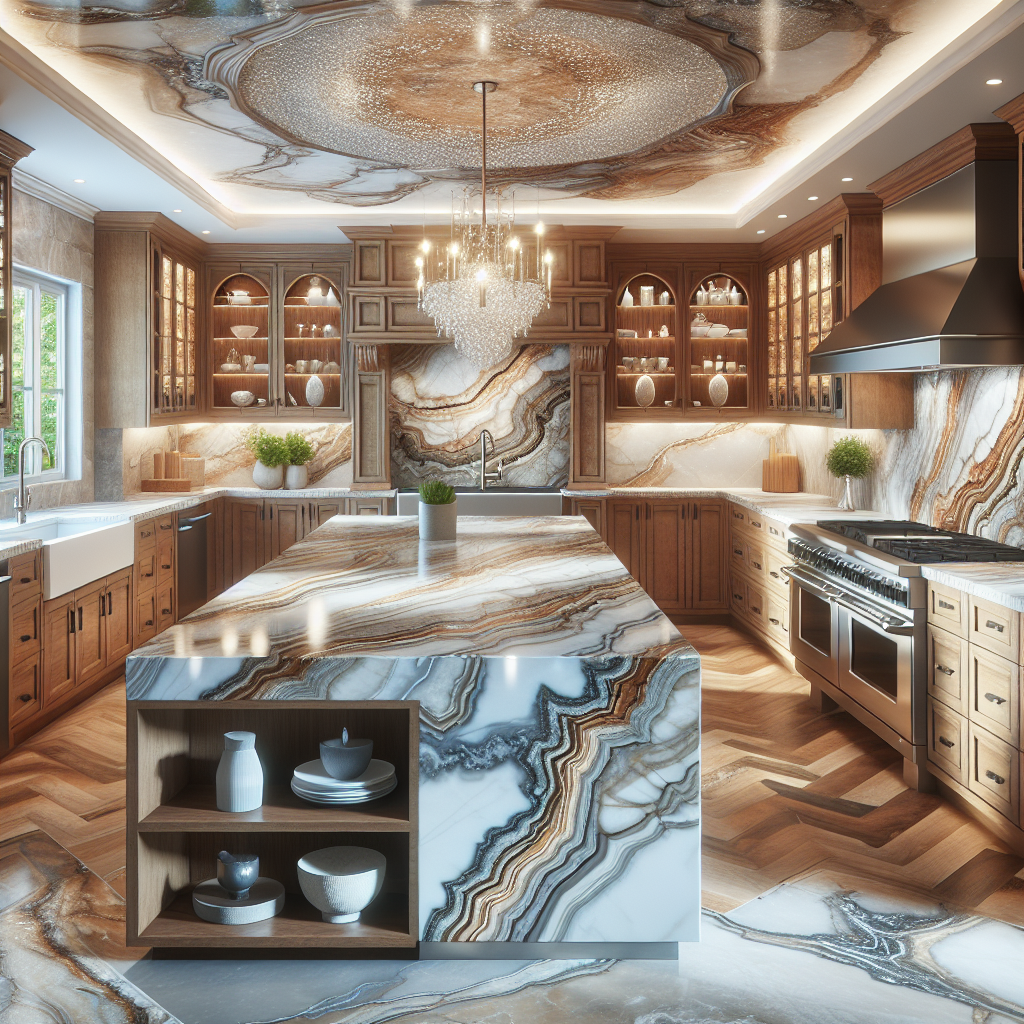 An elegant kitchen with beautiful quartzite countertops showcasing vibrant colors and patterns.