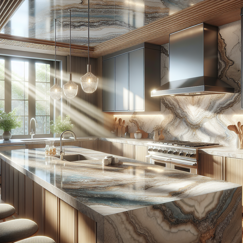 A quartzite countertop displaying its vibrant colors and patterns in a stylish kitchen.