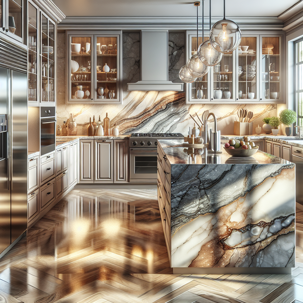 An elegant kitchen with quartzite countertops, modern appliances, and natural light.
