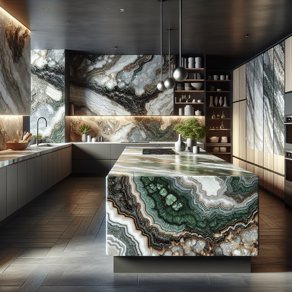 A beautiful quartzite countertop in a modern kitchen setting.