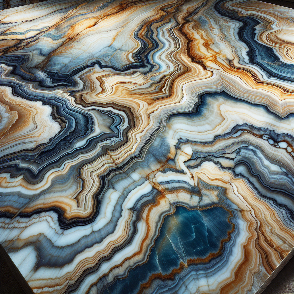 Close-up of Florida Wave Quartzite slabs displaying vibrant colors and wave-like patterns.
