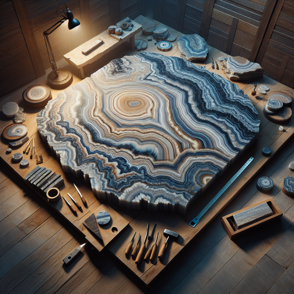 A large slab of Florida Wave Quartzite with intricate patterns and colors on a wooden surface.