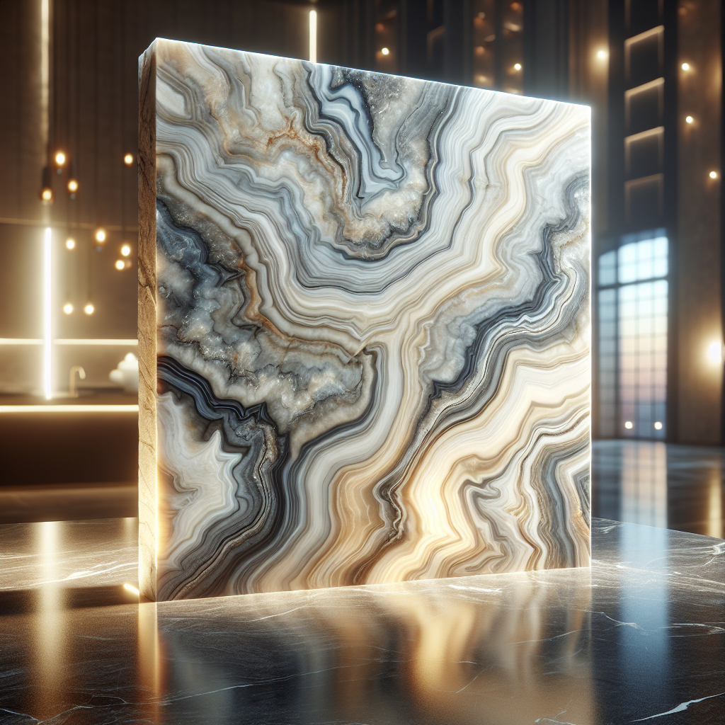 A stunning slab of Florida Wave Quartzite with swirling patterns and rich colors.