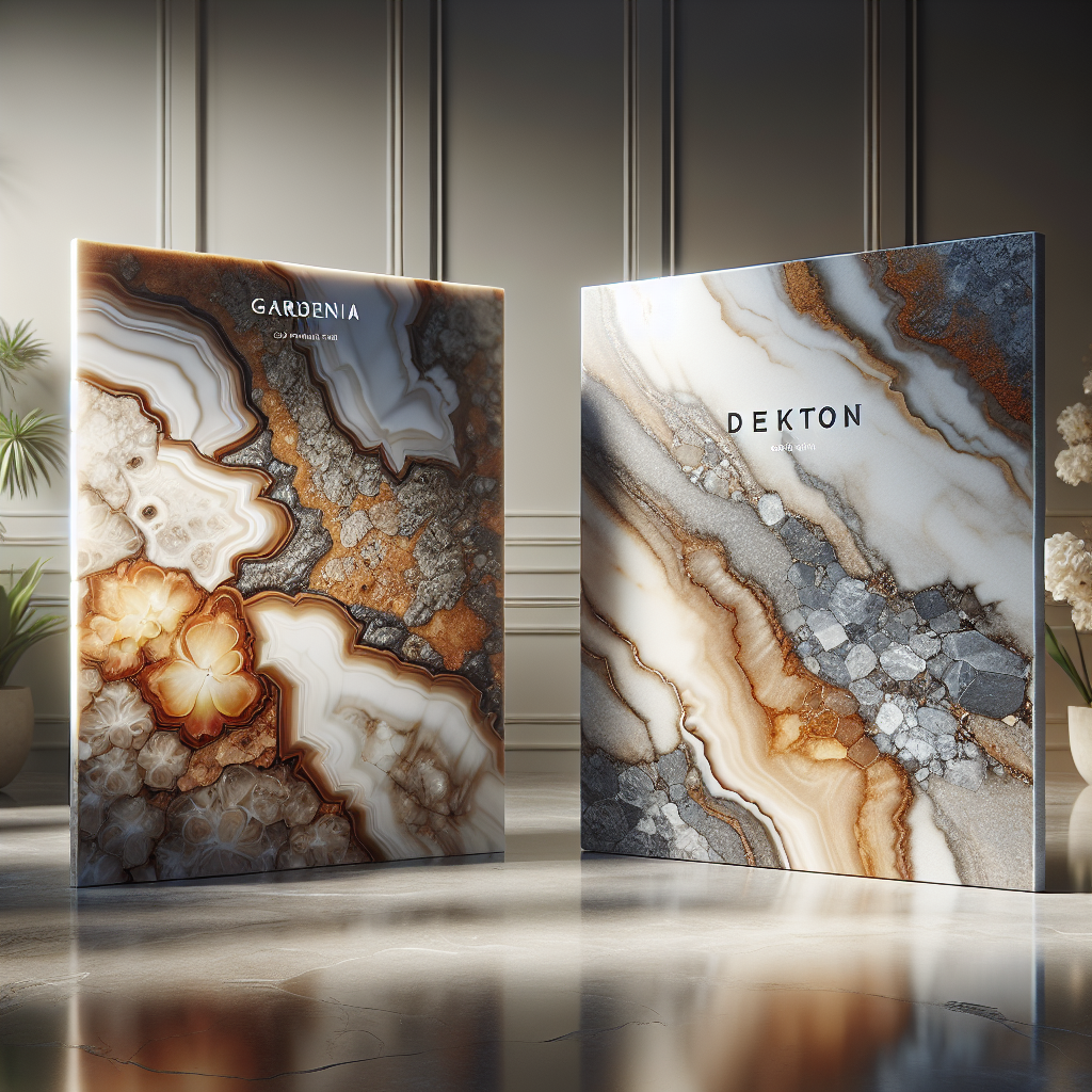 A comparison of a Gardenia slab and a Dekton surface, showcasing their textures and colors.