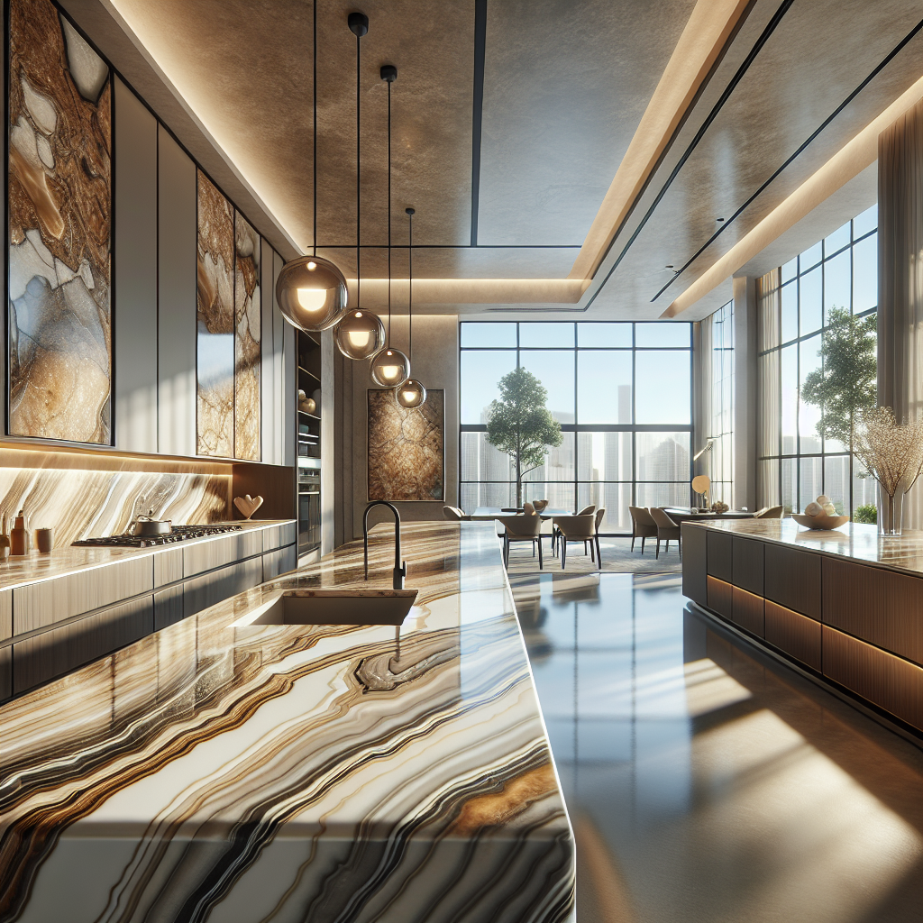 A modern kitchen with Gardenia slabs and Dekton surfaces.
