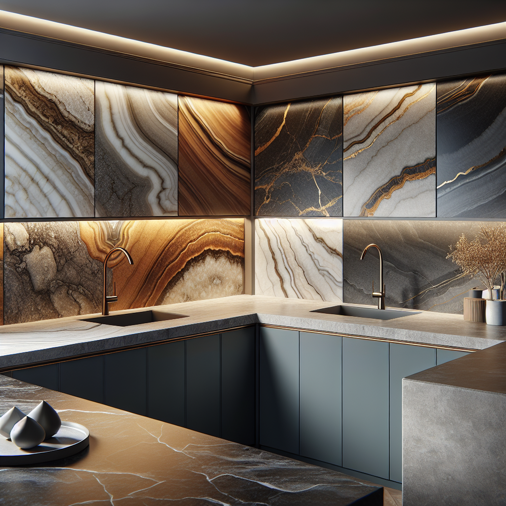 A kitchen counter displaying Gardenia slabs and Dekton surfaces.