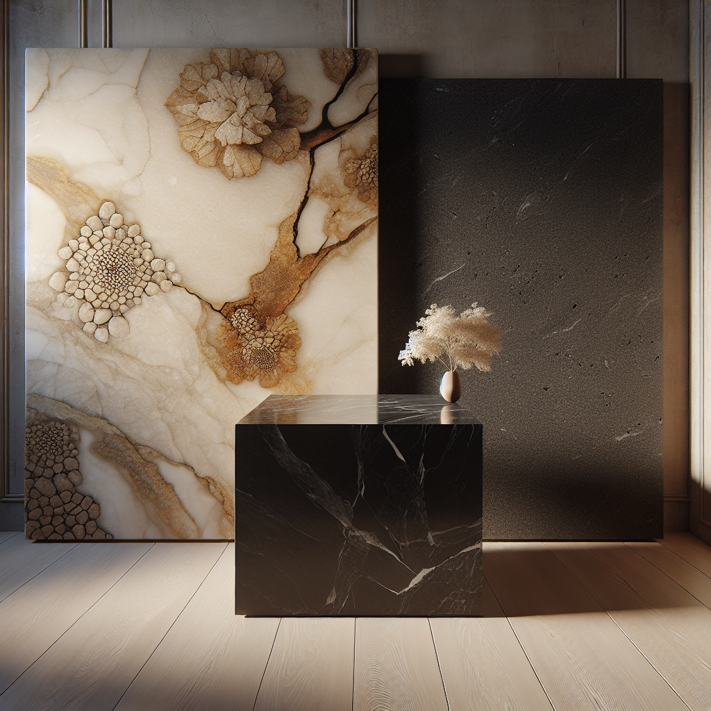 A side by side comparison of a Gardenia stone slab and a Dekton surface.