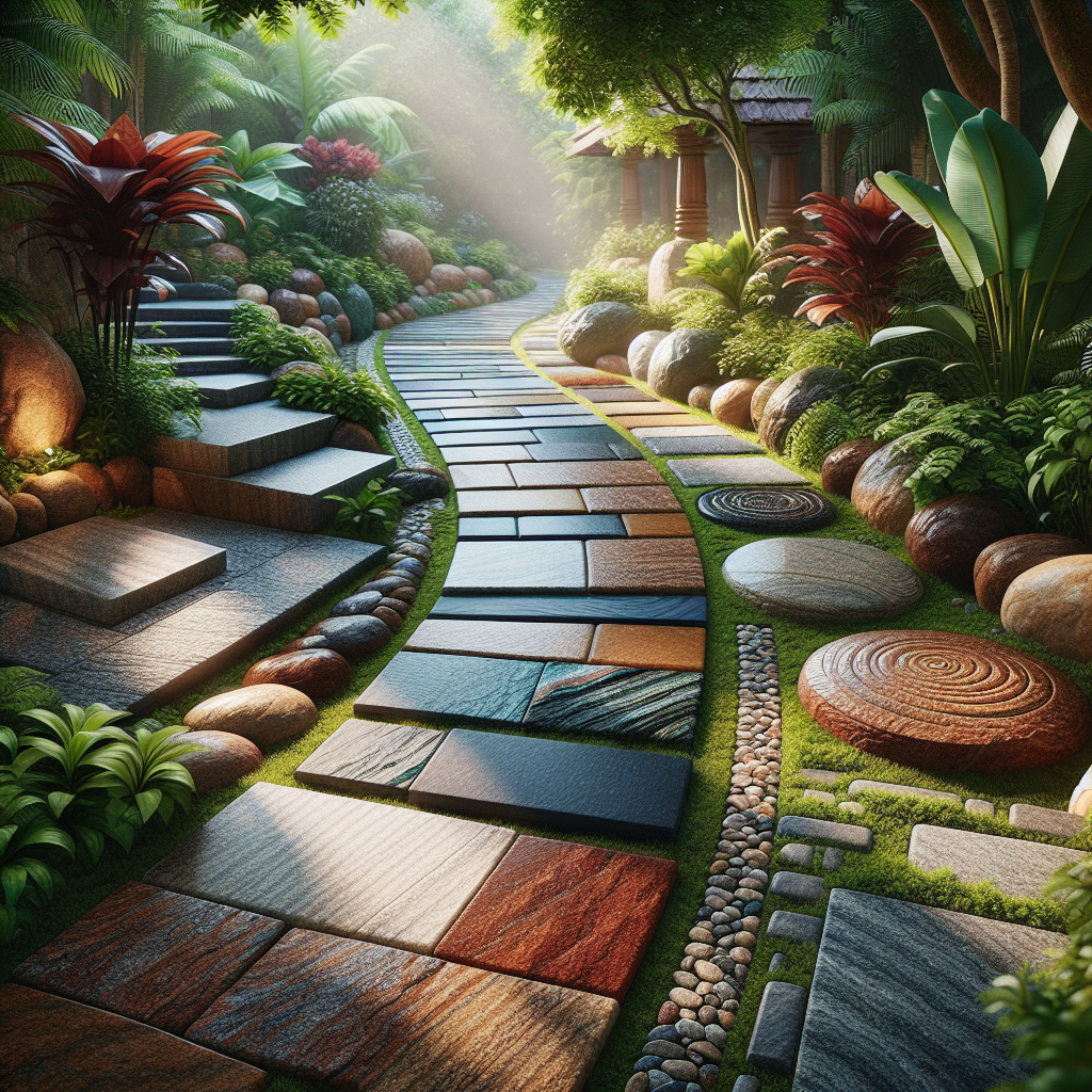 An outdoor scene featuring various types of natural stone paving in Kerala with lush greenery.