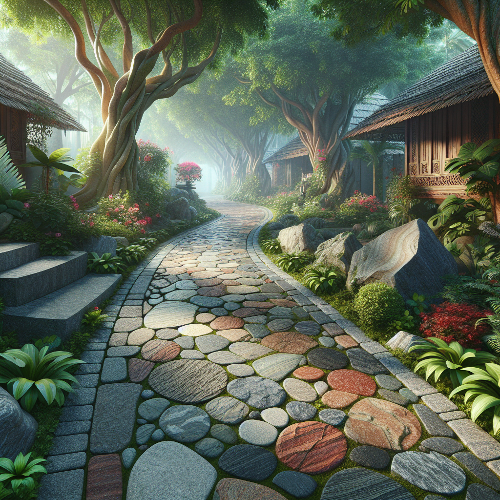 An outdoor landscape featuring natural stone paving amidst lush greenery in Kerala.