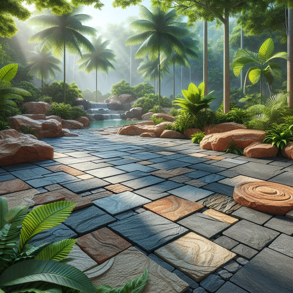 Natural stone paving landscape in Kerala with various stones surrounded by greenery.